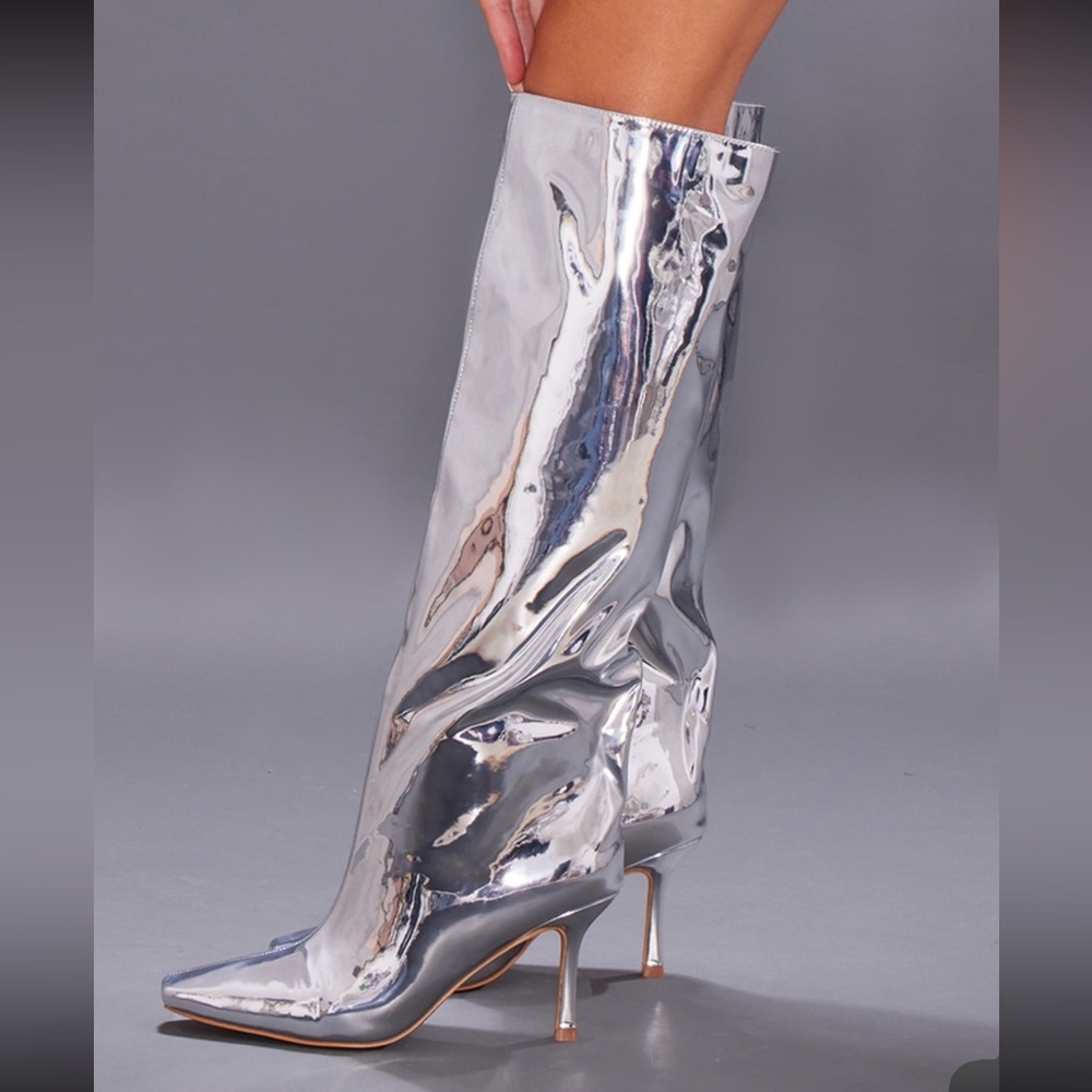 Silver Metallic Point Toe Knee High Heeled Boots